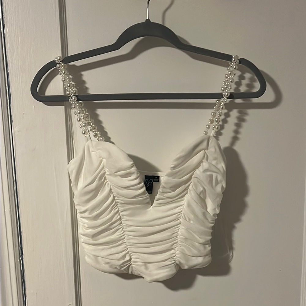 Elegant White Ruched Top with Pearl Straps